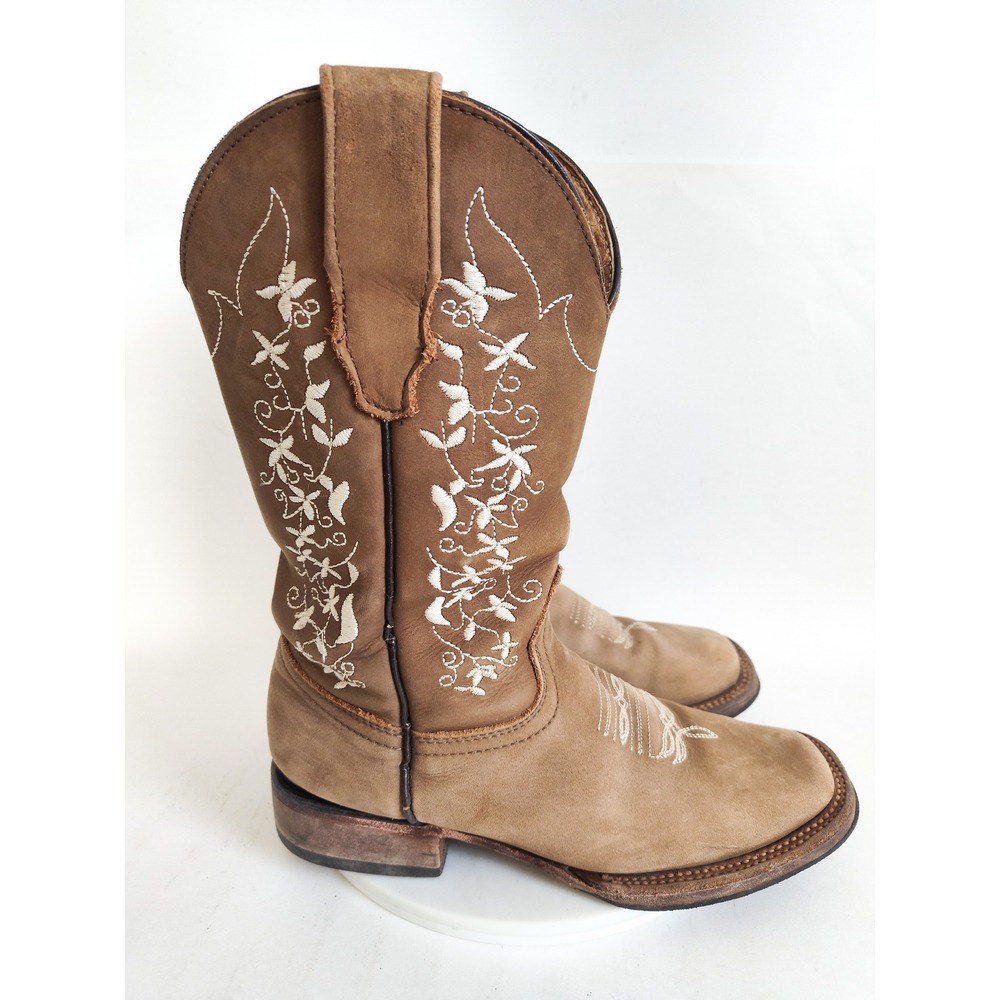Vintage Potrero Cowboy Cowgirl Boots 6.5 Embroidered Floral Square Toe Leather